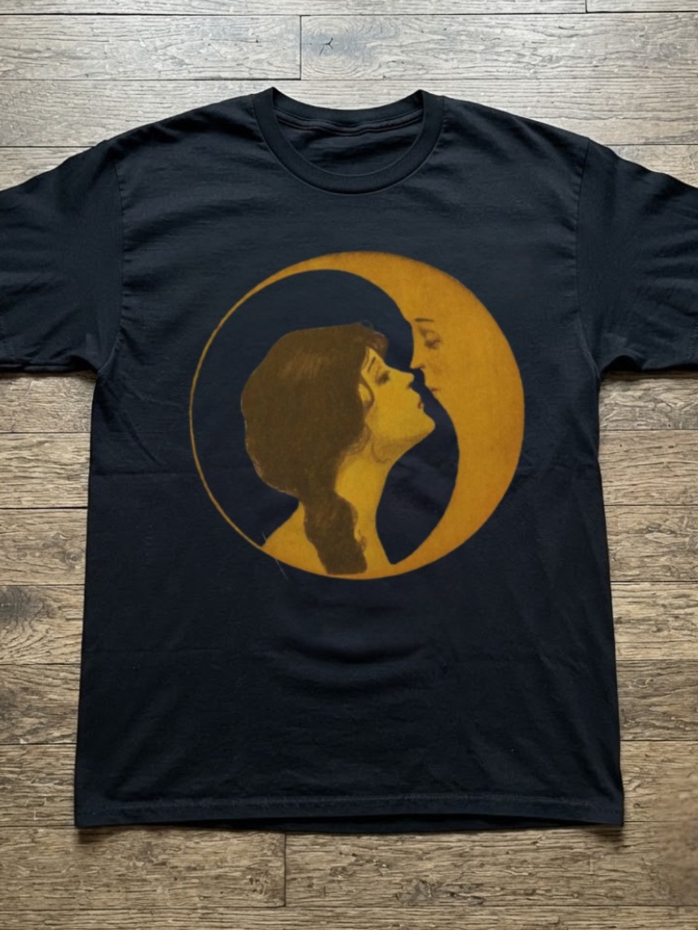 Woman Silhouette Kissing Moon Face Celestial Art Vintage Black T-Shirt